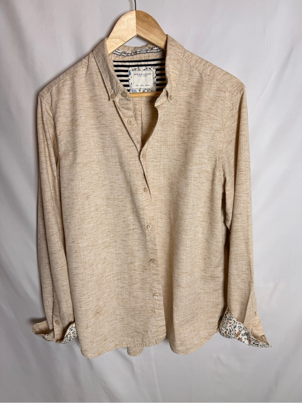 Denim & Flower Sand Beige Button-Down Shirt with Patterned Cuffs